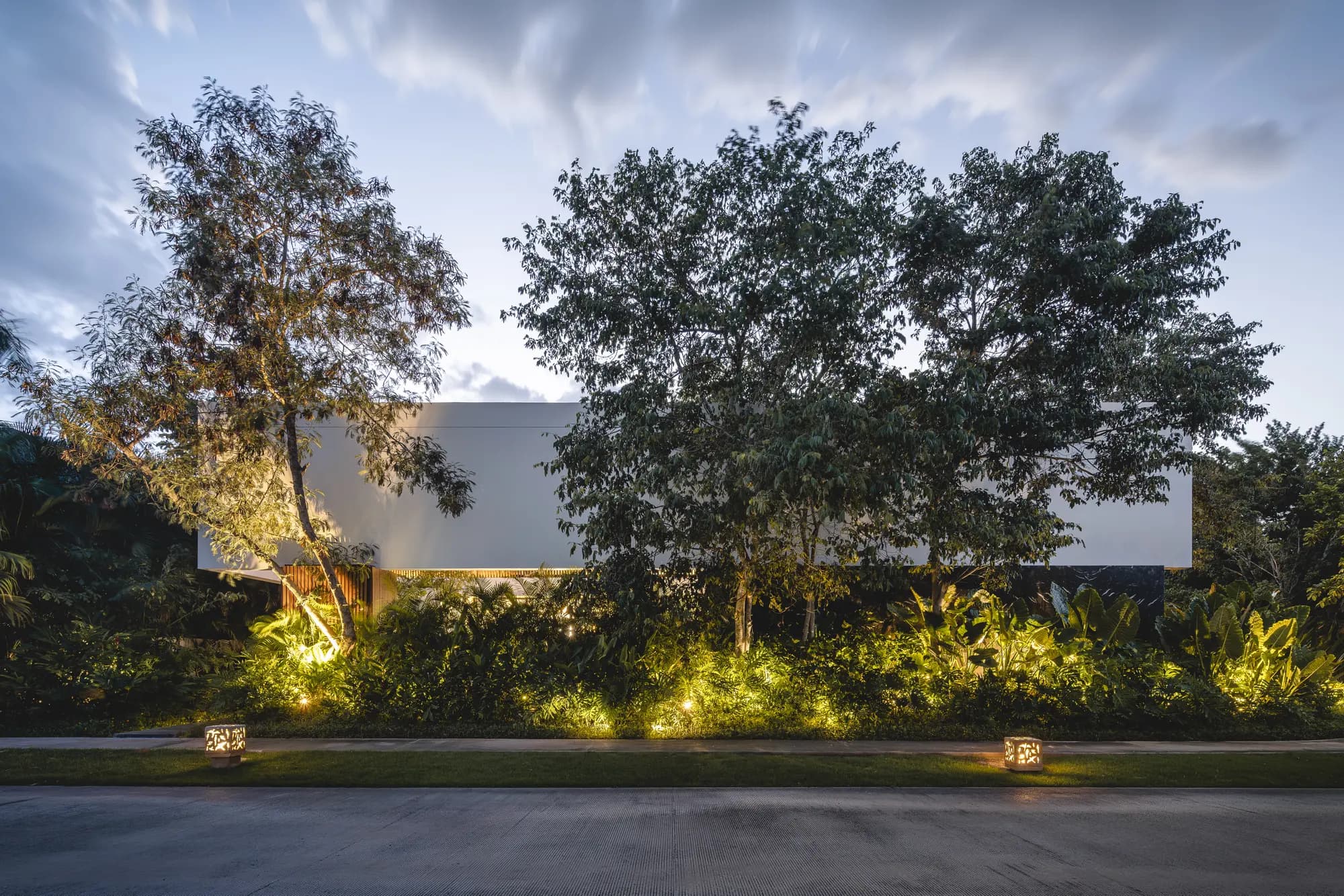 Casa RO de noche desde la calle: el volumen blanco asoma entre árboles iluminados.